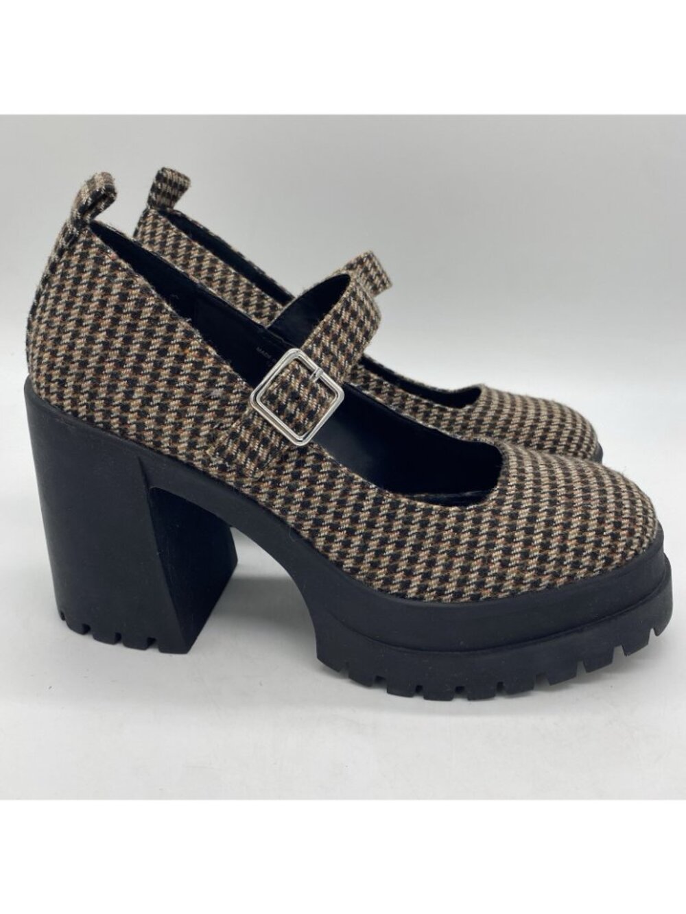 Steve Madden Orsen Mary Jane 9.5 Houndstooth Plaid Tweed Lug Block Heel Loafer - Picture 2 of 14